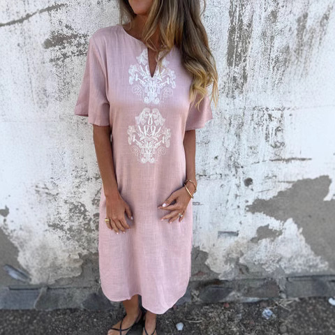 Dame T-shirt kjole med rund hals, print og løs pasform - Billede 2
