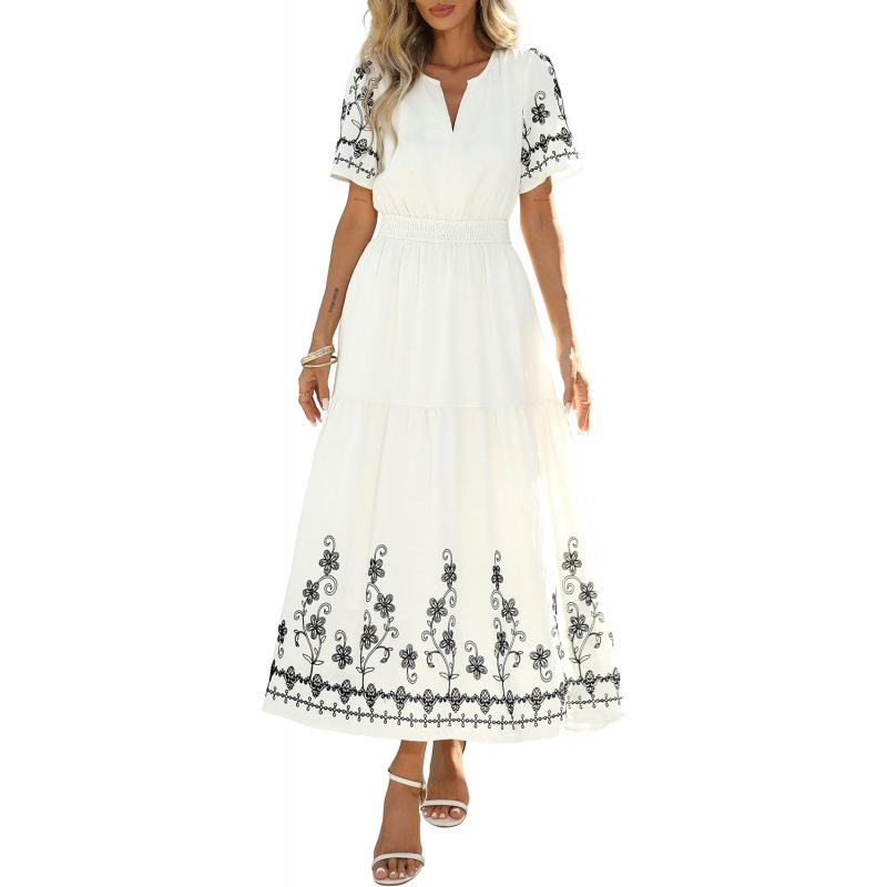 Bohemian Floral Embroidered V-Neck Short Sleeve A-Line Midi Dress - Billede 2