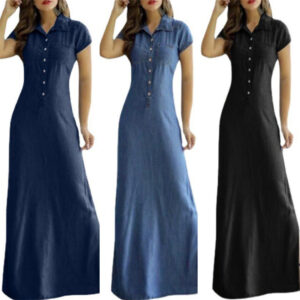Women's Denim Look Turn Down Collar Short Sleeve Button Front Maxi Dress, Casual A-Line Long Dress For Daily & Office