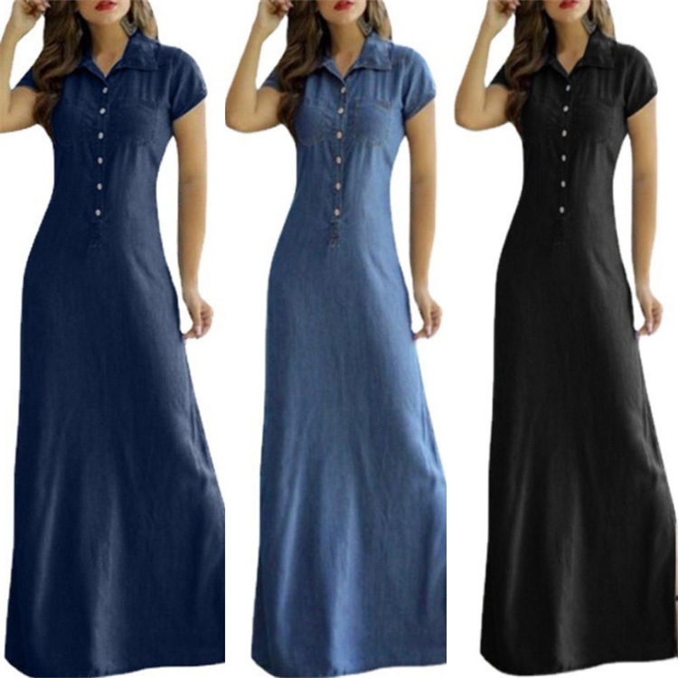 Women's Denim Look Turn Down Collar Short Sleeve Button Front Maxi Dress, Casual A-Line Long Dress For Daily & Office