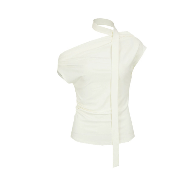 Fashionable Off-shoulder Pleated Halterneck T-shirt - Billede 2