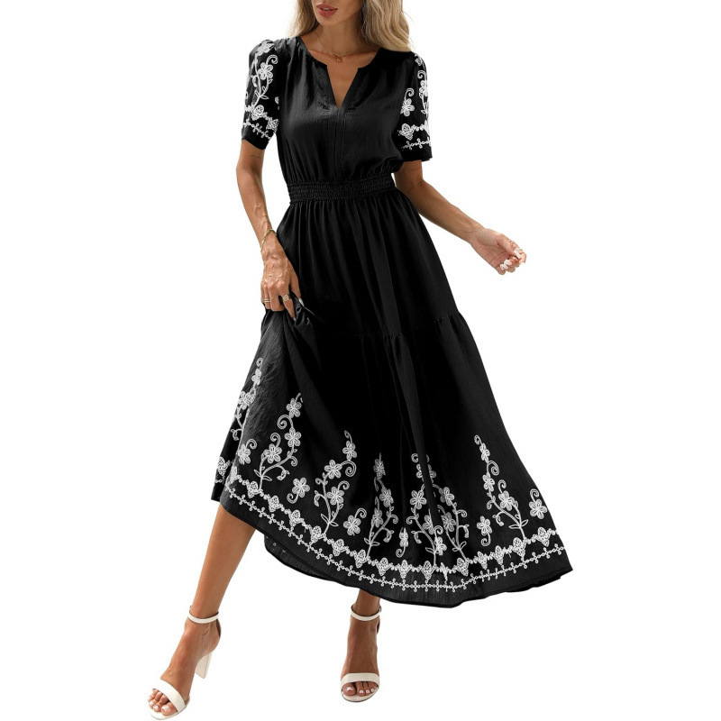 Bohemian Floral Embroidered V-Neck Short Sleeve A-Line Midi Dress - Billede 4