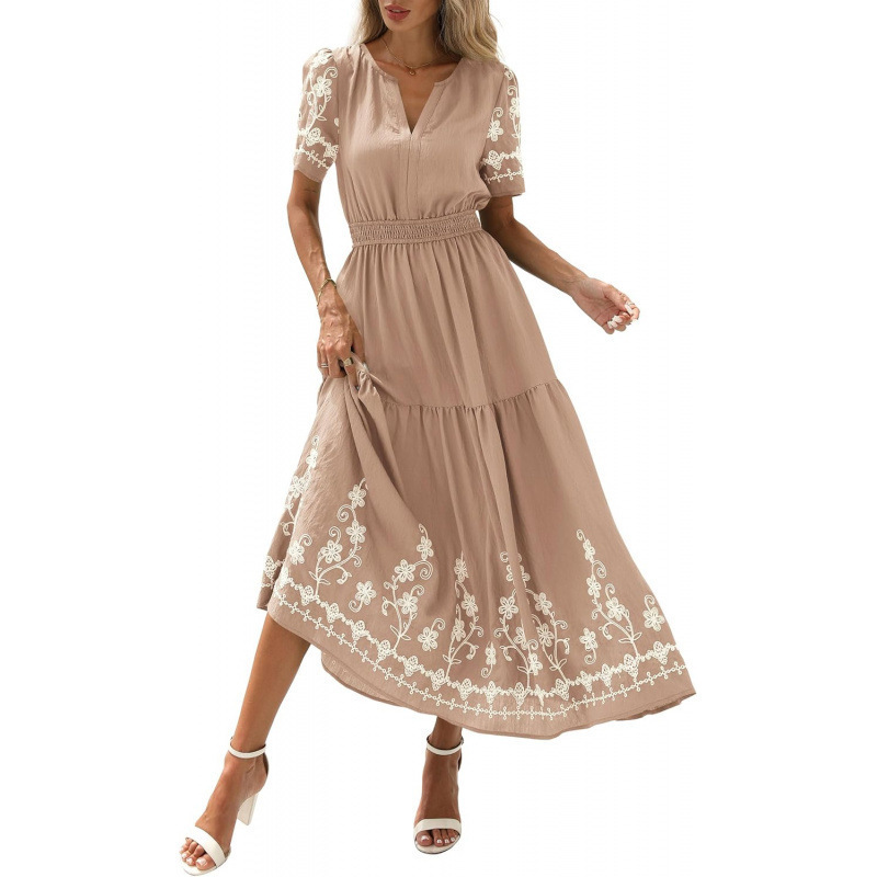 Bohemian Floral Embroidered V-Neck Short Sleeve A-Line Midi Dress - Billede 3