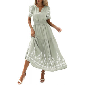 Bohemian Floral Embroidered V-Neck Short Sleeve A-Line Midi Dress