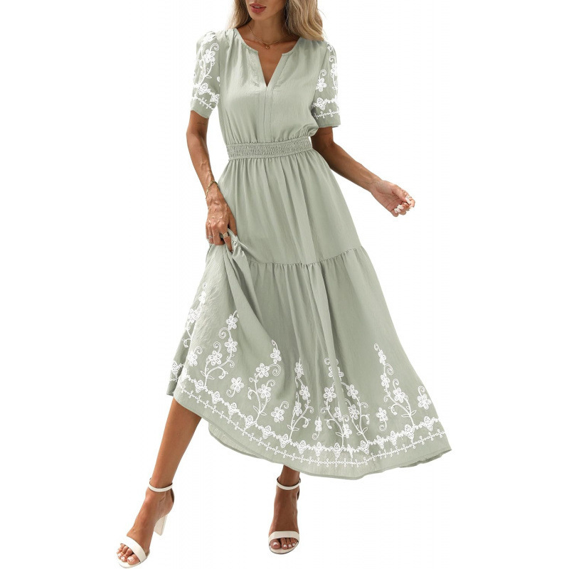Bohemian Floral Embroidered V-Neck Short Sleeve A-Line Midi Dress