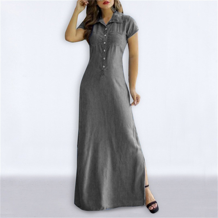 Women's Denim Look Turn Down Collar Short Sleeve Button Front Maxi Dress, Casual A-Line Long Dress For Daily & Office - Billede 2