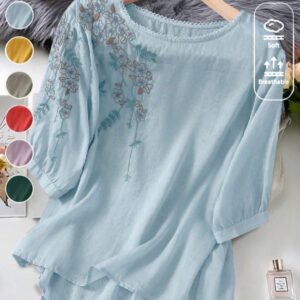 Broderet bomulds T-shirt med rund hals
