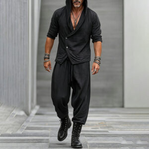 Mens Casual Loose-fit Hooded Button-up Long-sleeve Pants Set