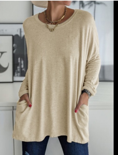Long Sleeve Shirt Solid Color Round Neck Top Loose Fit Casual Shirt With Pocket For Women - Image 8