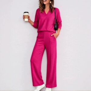 Women's Fashion Sportswear Solid Color V Neck Long Sleeve Sweatshirt And Casual Trousers Set
