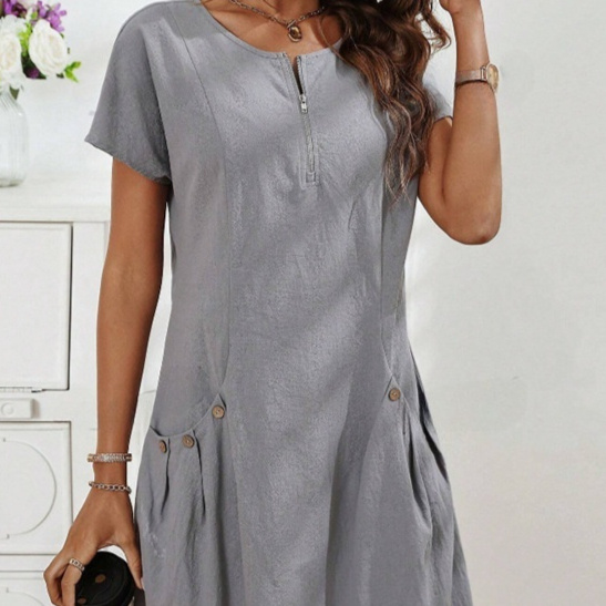 Short-sleeved Dress With Pockots And Zipper Women's Summer Clothing - Image 6