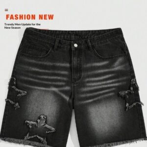 Mens Retro Five-Point Star Denim Cropped Shorts