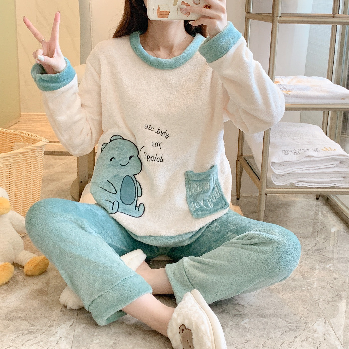 Autumn And Winter Pajamas Women's Flannel Round Neck - Image 6