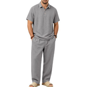 Mens Linen Lapel Short-sleeve Top And Trousers Set