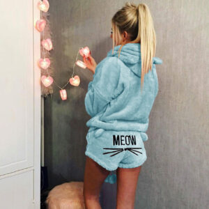 Women's autumn and winter plus size home wear long-sleeved hooded flannel padded pullover split pajamas set