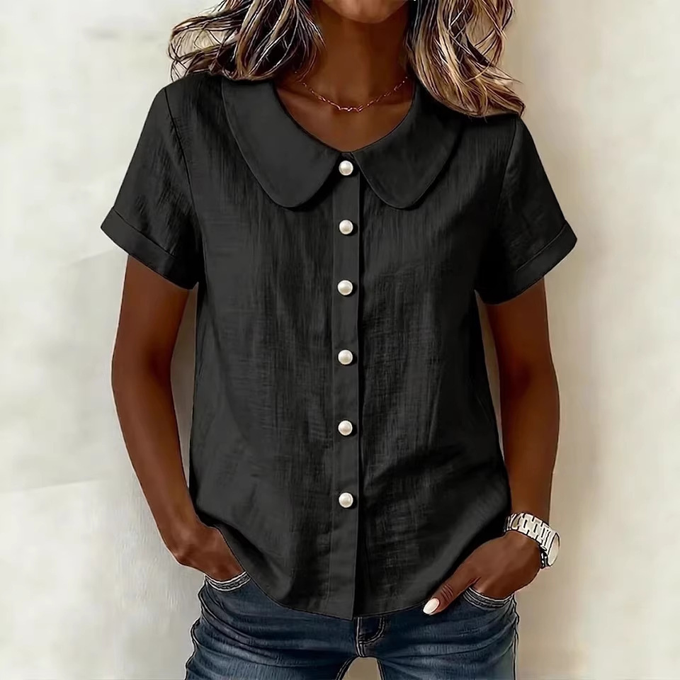 Womens Solid-Colored Short-Sleeve Casual Loose Shirt - Image 3