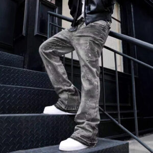 Mens American-Style Retro Washed Distressed Gray Splash-Dye Cropped Jeans