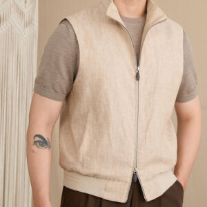 Linen Stand-Neck Slim-Fit Casual Cardigan Vest