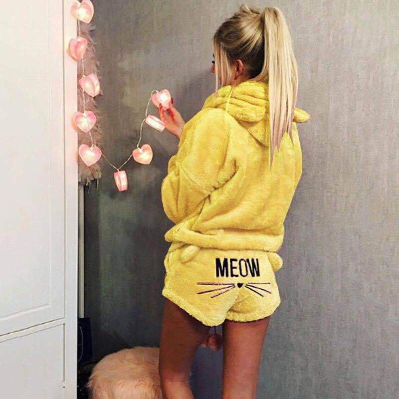 Women's autumn and winter plus size home wear long-sleeved hooded flannel padded pullover split pajamas set - Image 2