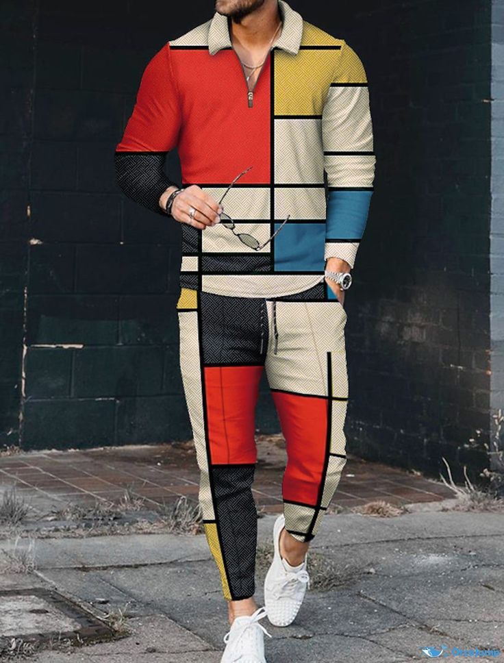 Men's Color-Block Zippered Lapel Long-Sleeved Suit - Image 6