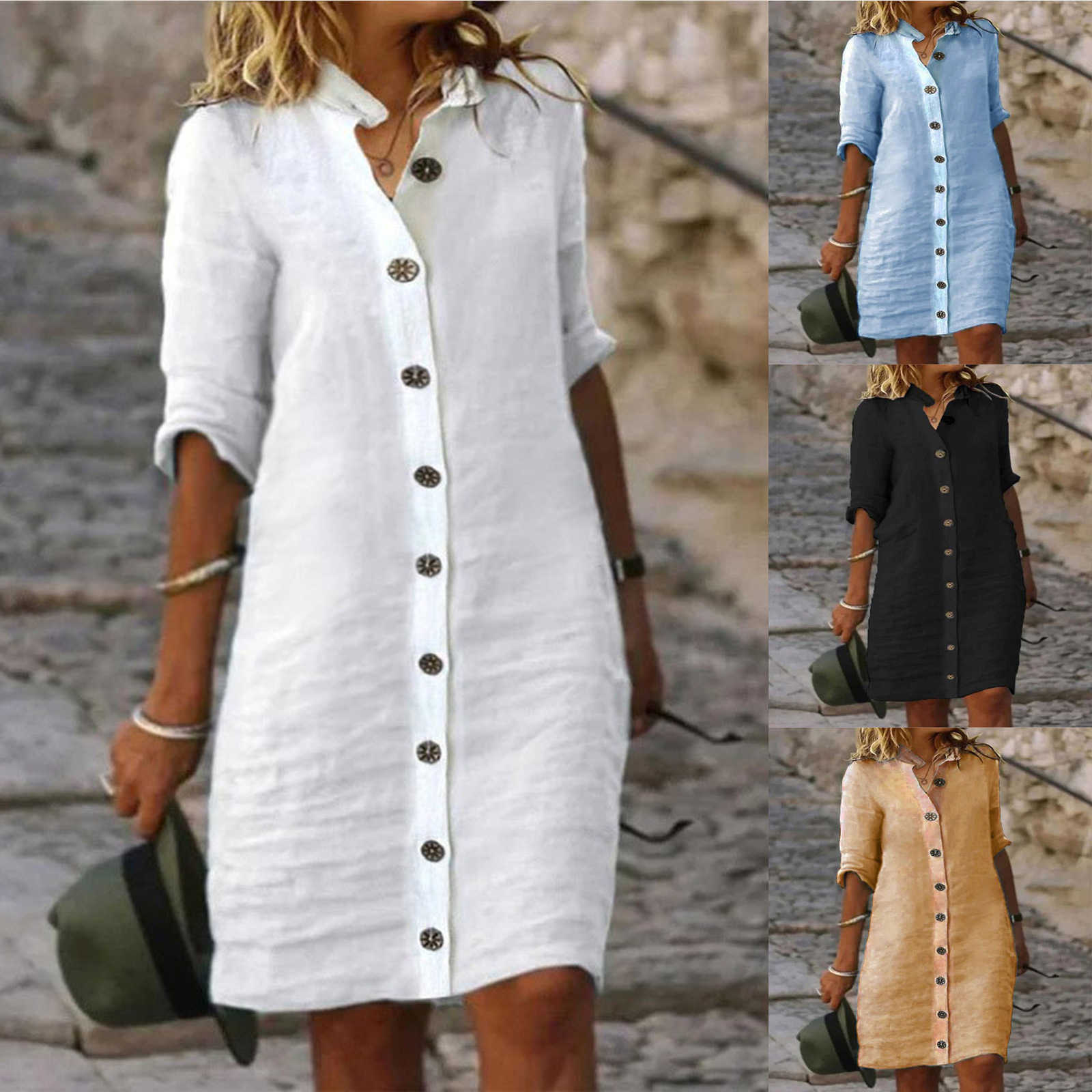 Half-sleeved Shirt Dress Summer V-neck Single-breasted Button Dresses Women's Clothing