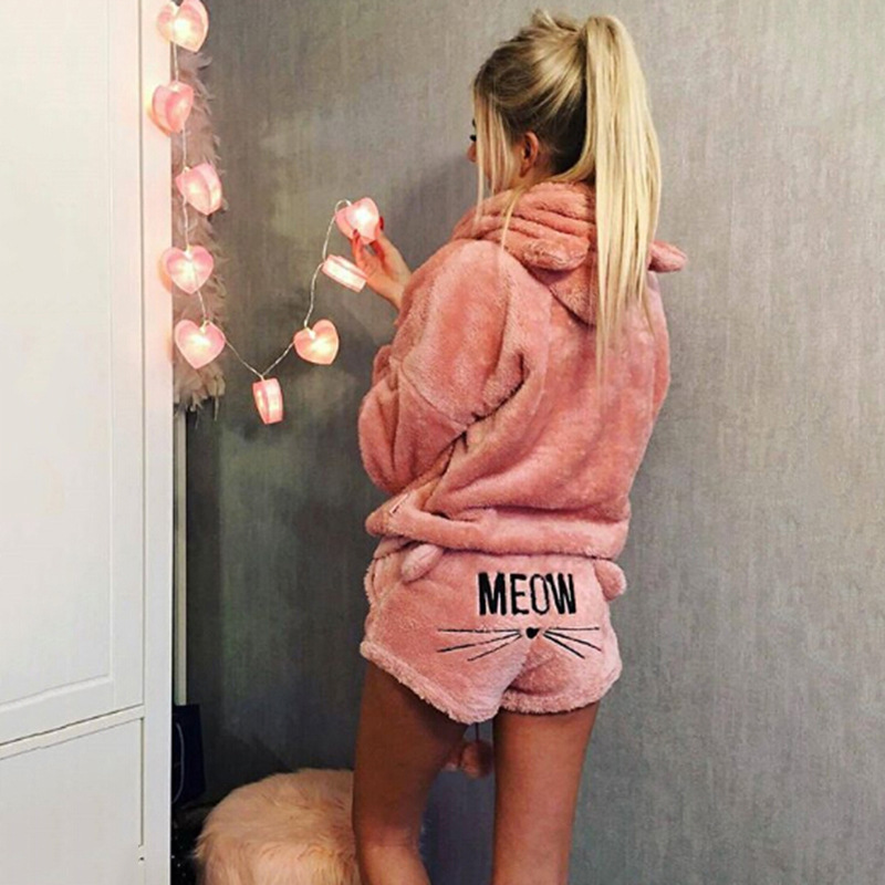 Women's autumn and winter plus size home wear long-sleeved hooded flannel padded pullover split pajamas set - Image 8