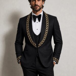 Luxury Gold Cord Embellished Shawl Collar Formal Blazer Jacket