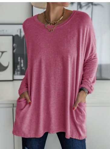 Long Sleeve Shirt Solid Color Round Neck Top Loose Fit Casual Shirt With Pocket For Women - Image 3