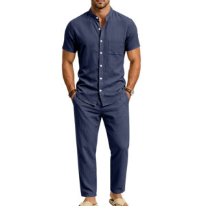 Mens Linen Casual Stand-Collar Leisure Set