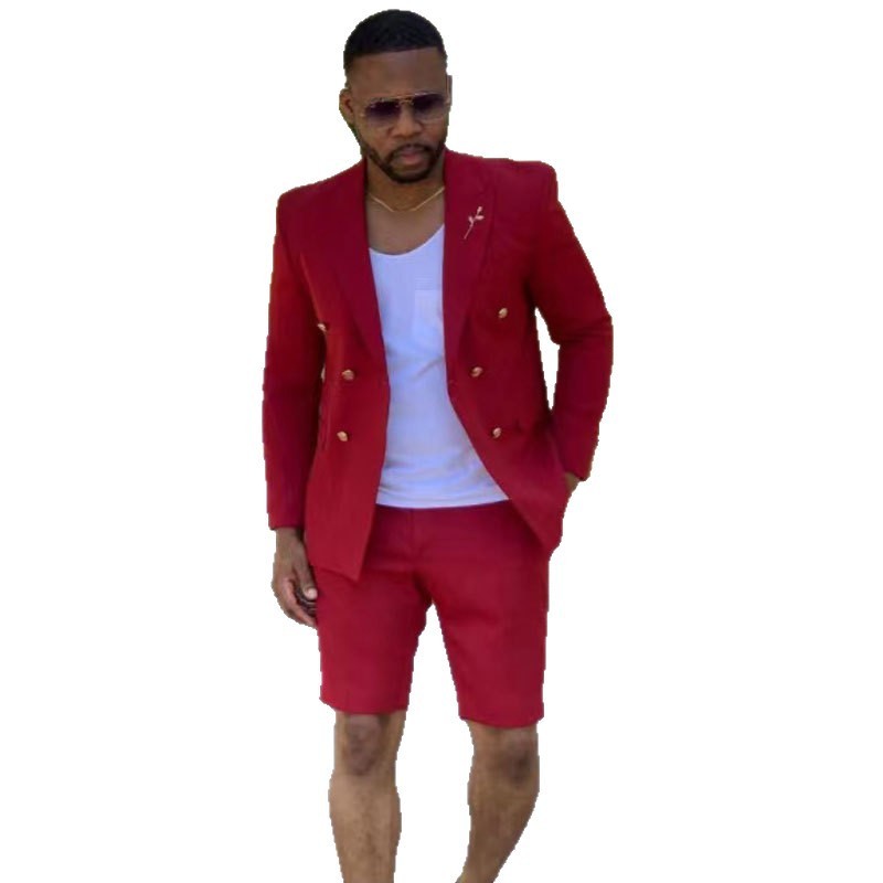 Mens Two-Piece Short-Style Mens Suit Set Slim-Fit Korean-Style Formal Wear Ensemble - Image 4