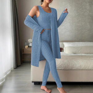 Women's Ribbed Knit 3 Piece Outfit, Sleeveless Tank Top Long Pants  Long Sleeve Open Front Cardigan Loungewear Set