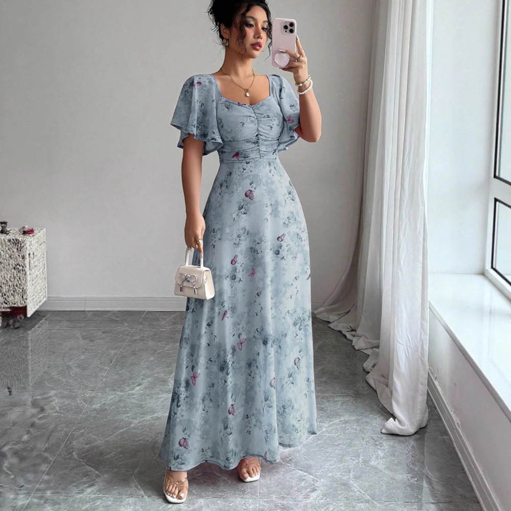 Flowers Printed Lotus Sleeve Dress Summer Elegant Slim Dresses Women's Clothing - Image 4