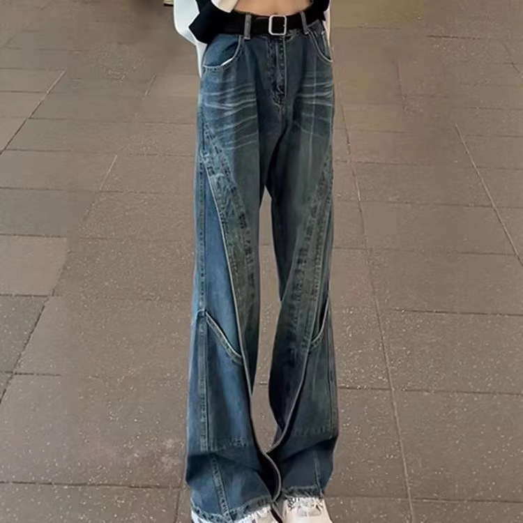 Straight-leg Vintage Blue Patchwork Jeans For Men