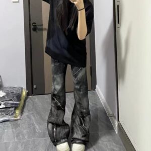 American-style Vintage Washed-design Slimming Pants With Zippers