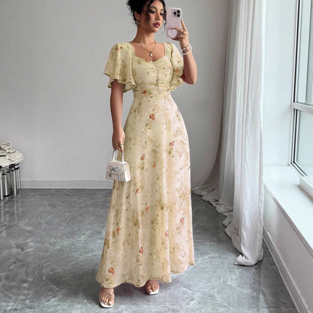 Flowers Printed Lotus Sleeve Dress Summer Elegant Slim Dresses Women's Clothing - Image 2