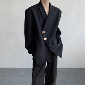 Tailored Blazer With A Design-forward Metal Button And Slanted Placket A Niche Statement Piece