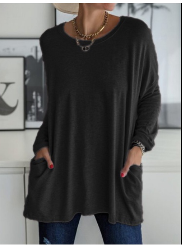 Long Sleeve Shirt Solid Color Round Neck Top Loose Fit Casual Shirt With Pocket For Women - Image 6