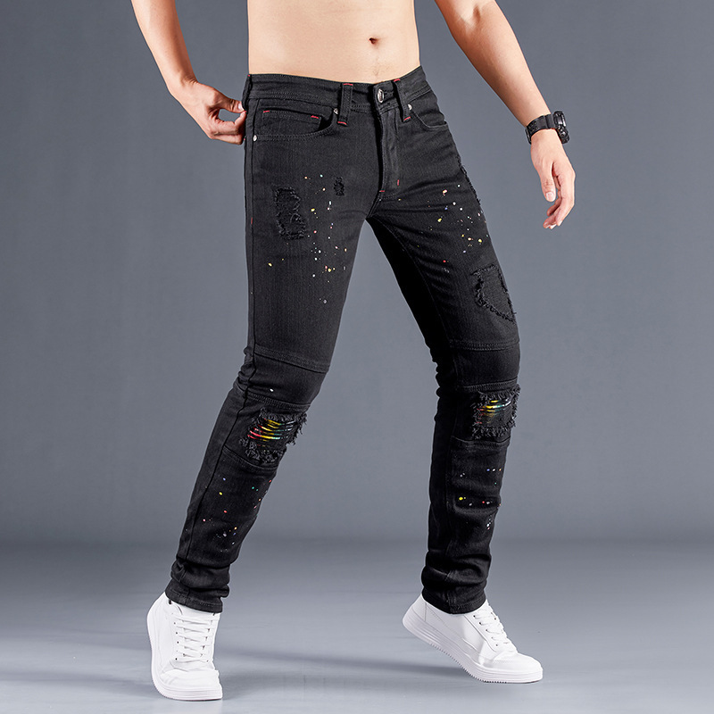 Stretch Black Jeans Biker-style Assorted Styles Patchwork Painted Effect - Image 3