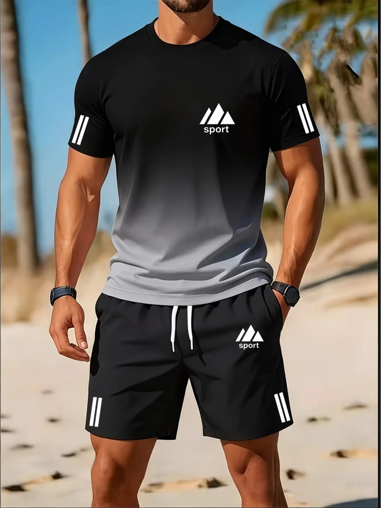 Breathable Casual Sportswear Set Mens Crew Neck - Image 5