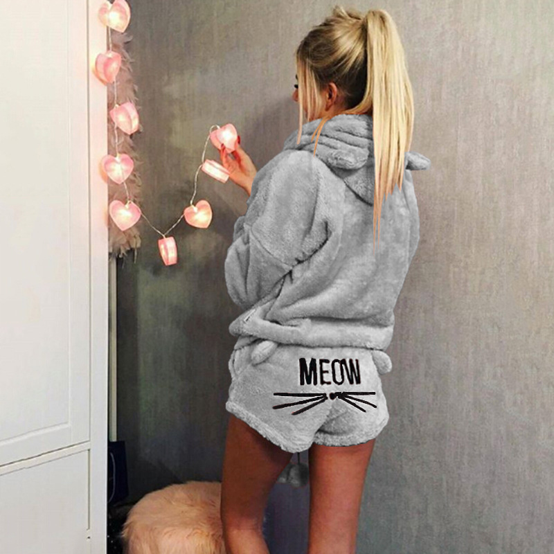 Women's autumn and winter plus size home wear long-sleeved hooded flannel padded pullover split pajamas set - Image 7
