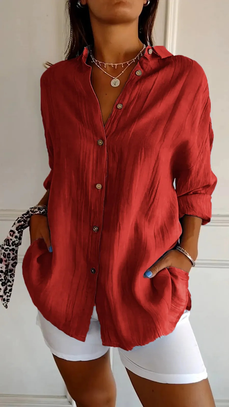 Lapel Long Sleeve Shirt Women's Single-breasted Pleated Shirt Tops Clothing - Image 7