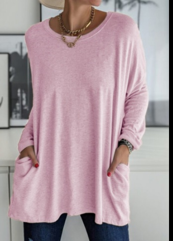 Long Sleeve Shirt Solid Color Round Neck Top Loose Fit Casual Shirt With Pocket For Women - Image 7