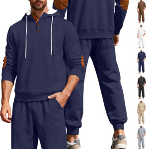 Men's Jacquard Casual SetStand Collar Faux Leather Panel Hooded Long-Sleeve Sweatshir Drawstring Cuffed Athletic Pants For Foreign Trade