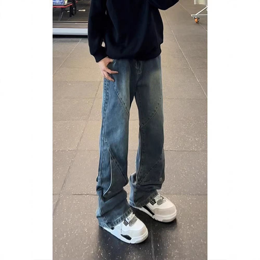 Straight-leg Vintage Blue Patchwork Jeans For Men - Image 4