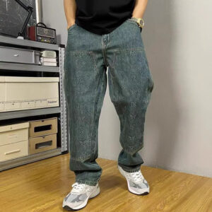 Mens Loose Fit Straight Leg Denim Trousers Vintage Washed Style Trendy Casual Long Pants