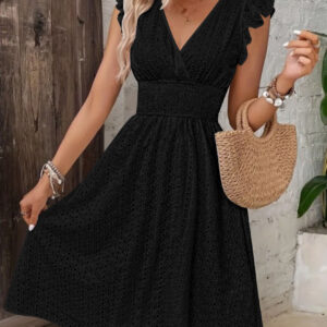 Midi dress with V-neck, embroidery and ruffle sleeves