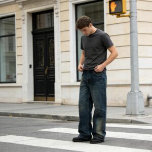 Mens Retro Washed Wide-Leg Loose-Fit Denim Jeans