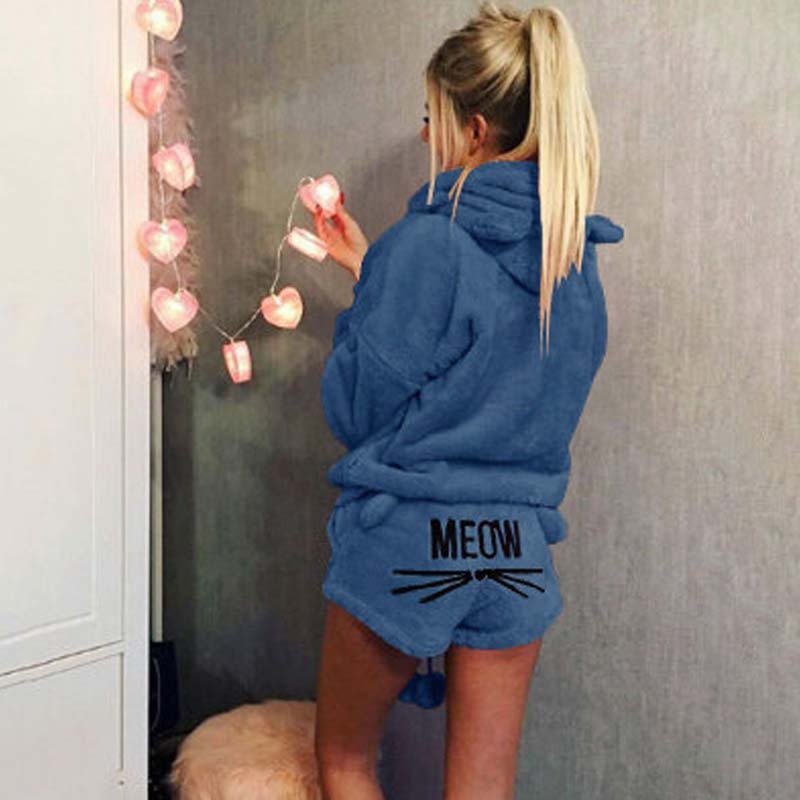 Women's autumn and winter plus size home wear long-sleeved hooded flannel padded pullover split pajamas set - Image 4