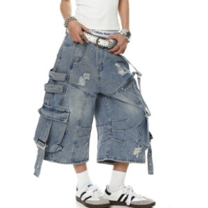 Frayed-hem Distressed Denim Capri Pants For Men And Women