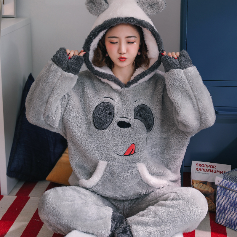 Hooded Coral Fleece For Thicken Plus Fleece Cute Winter Flannel Warm Home Service - Image 5